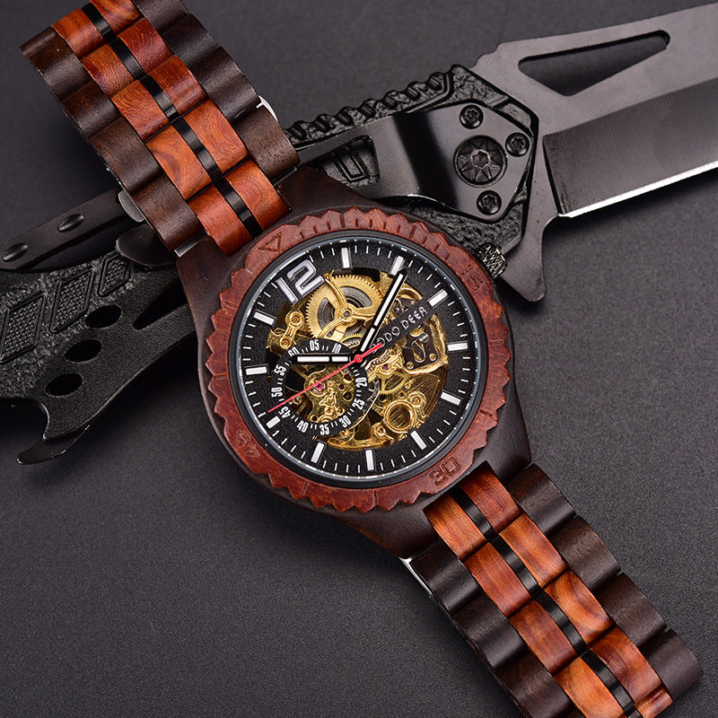 Engraved Skeleton Wood Couple Watch Set