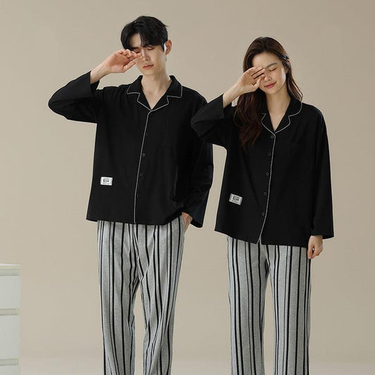 Premium Cotton Button-Front Striped Couples Pajamas