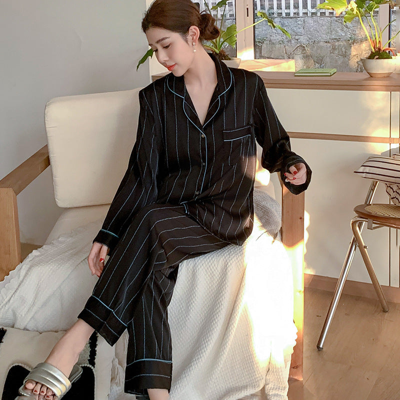 Urban Minimalist Faux Silk Couple Pajamas – Pinstripe Chic Sleepwear Set by Gullei