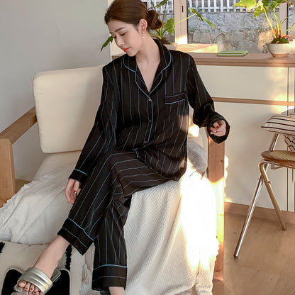 Urban Minimalist Faux Silk Couple Pajamas – Pinstripe Chic Sleepwear Set by Gullei