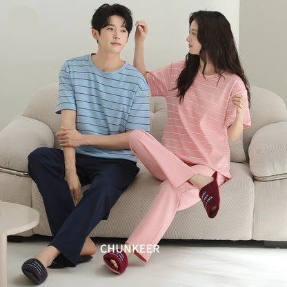 Sporty Striped Cotton Couple Lounge Set