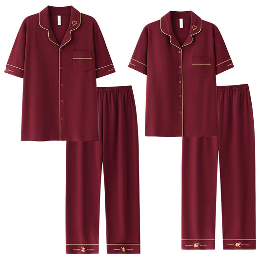 Burgundy Contrast Piping Cotton Couple Pajamas