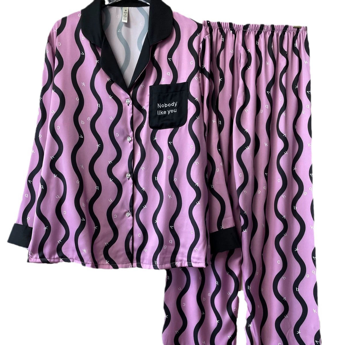 Women Pajamas Set – Trendy Pink/Black Wave Print Sleepwear