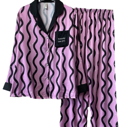Women Pajamas Set – Trendy Pink/Black Wave Print Sleepwear