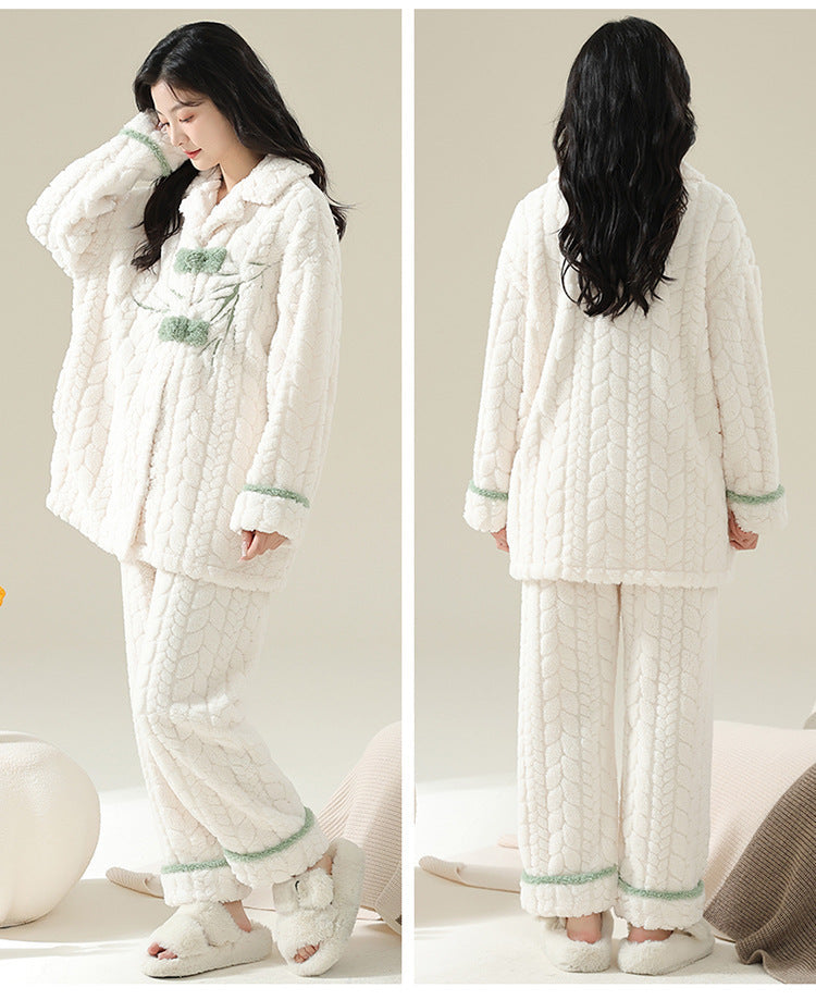 Women Pajamas Set – Plush Coral Fleece Frog Knot Loungewear