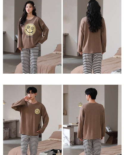 Playful Smiley Graphic Striped Couple Pajamas