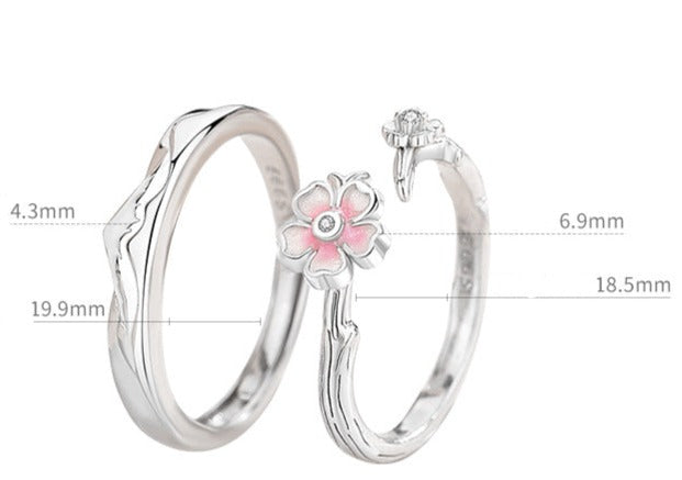 Adjustable Size Cherry Blossom Matching Rings Set for Two