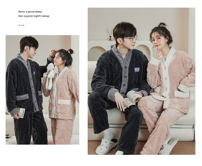 Matching Pajamas – Textured Flannel Cardigan Set, Cozy Pockets