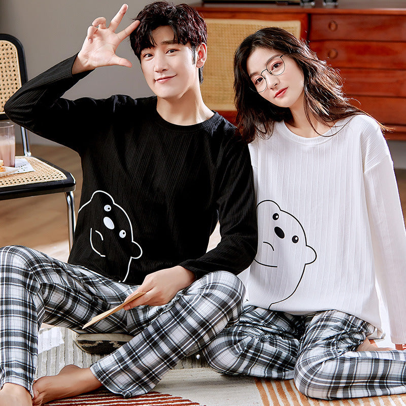 Cute Bear Couple PJs: Matching Long Sleeve Plaid Pajamas