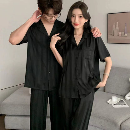 Minimalist Elegant Faux Silk Couple Pajamas – Stylish Black Satin Sleepwear Set by Gullei