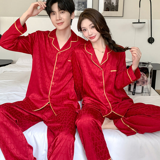 Red Faux Silk Couple Pajamas – Festive Luxury & Classic Chic