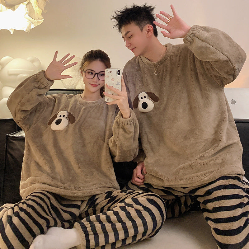 Matching Winter Couple Pajamas Set – Plush Puppy Embroidered Coral Fleece