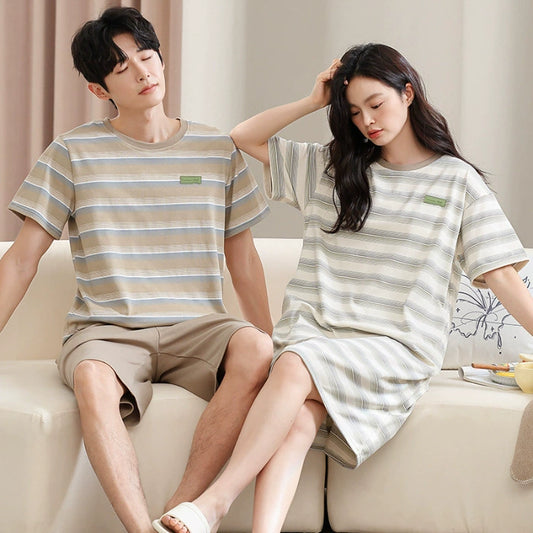 Striped Couple PJs - Cotton Tee & Dress Summer Set