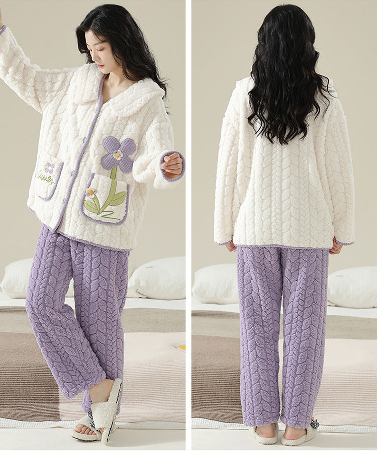 Women Pajamas Set – Cozy Floral Applique Coral Fleece Pajamas
