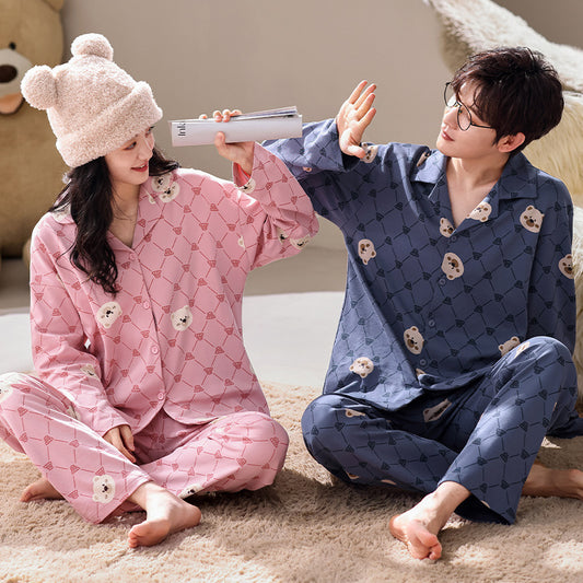 Bear Print Long Sleeve Pajamas Set for Couples 100% Cotton