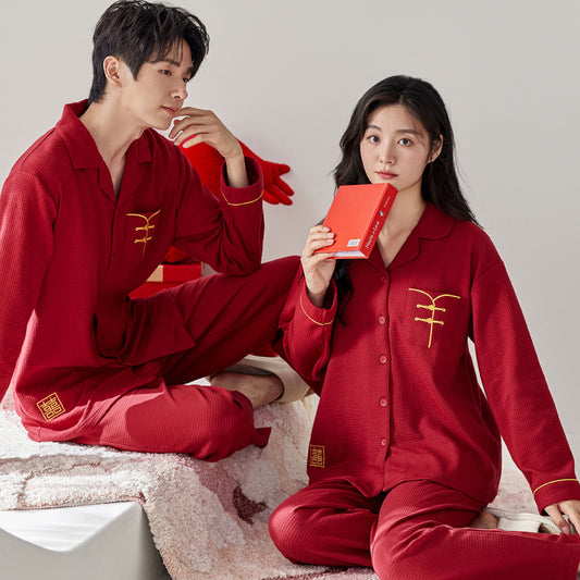 Long Sleeves Red Chinese Matching Sleepwear Set 100% Cotton