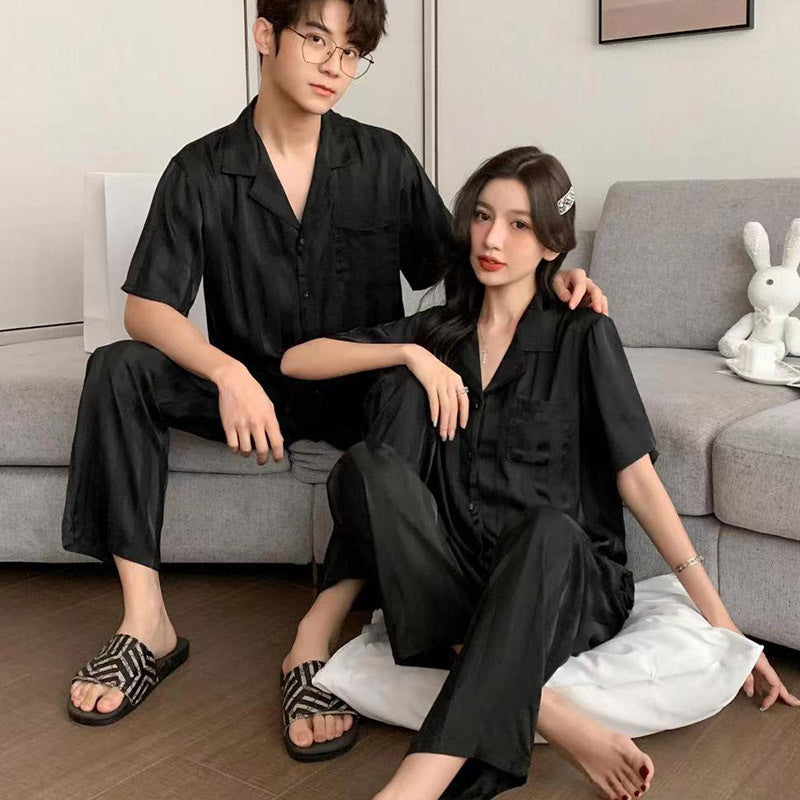 Minimalist Elegant Faux Silk Couple Pajamas – Stylish Black Satin Sleepwear Set by Gullei