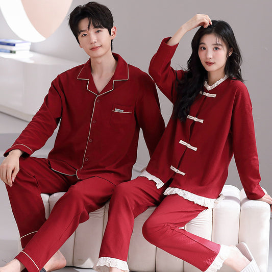 Matching Asian Style Red Pajamas for Couples 100% Cotton