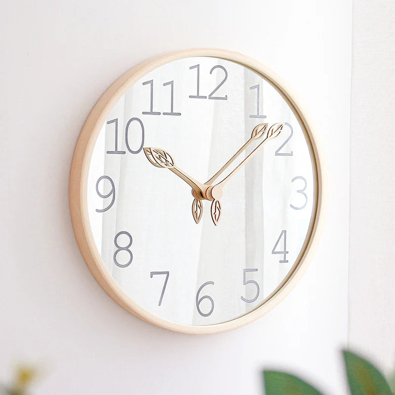 Nordic Mirror Silent Wall Clock – Solid Wood, 12"