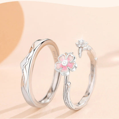 Adjustable Size Cherry Blossom Matching Rings Set for Two