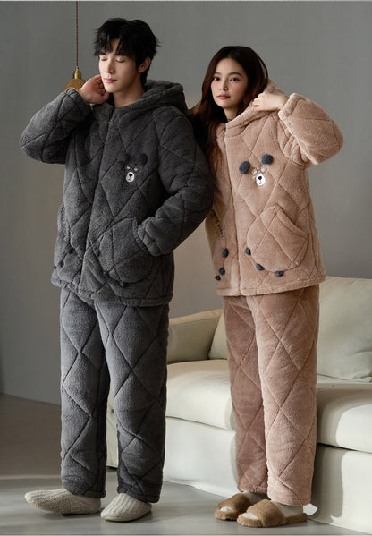 Gullei Bear-Ear Coral Fleece Couple Pajamas – Cozy & Playful Winter Set