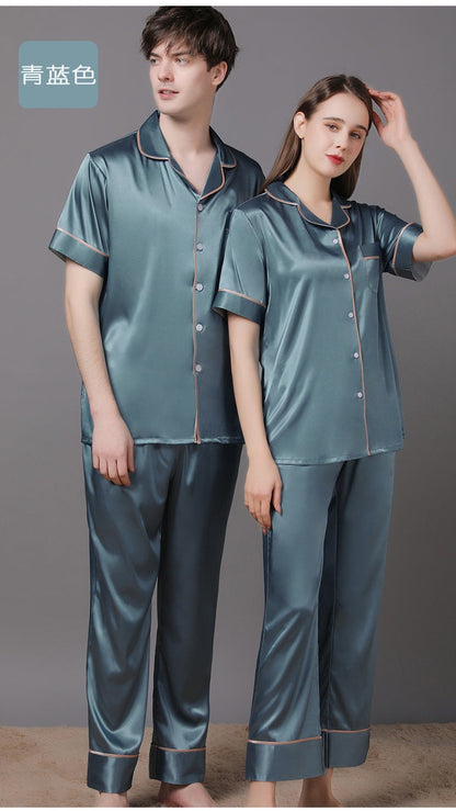 Matching Short Sleeves Silk Pajamas for Couples