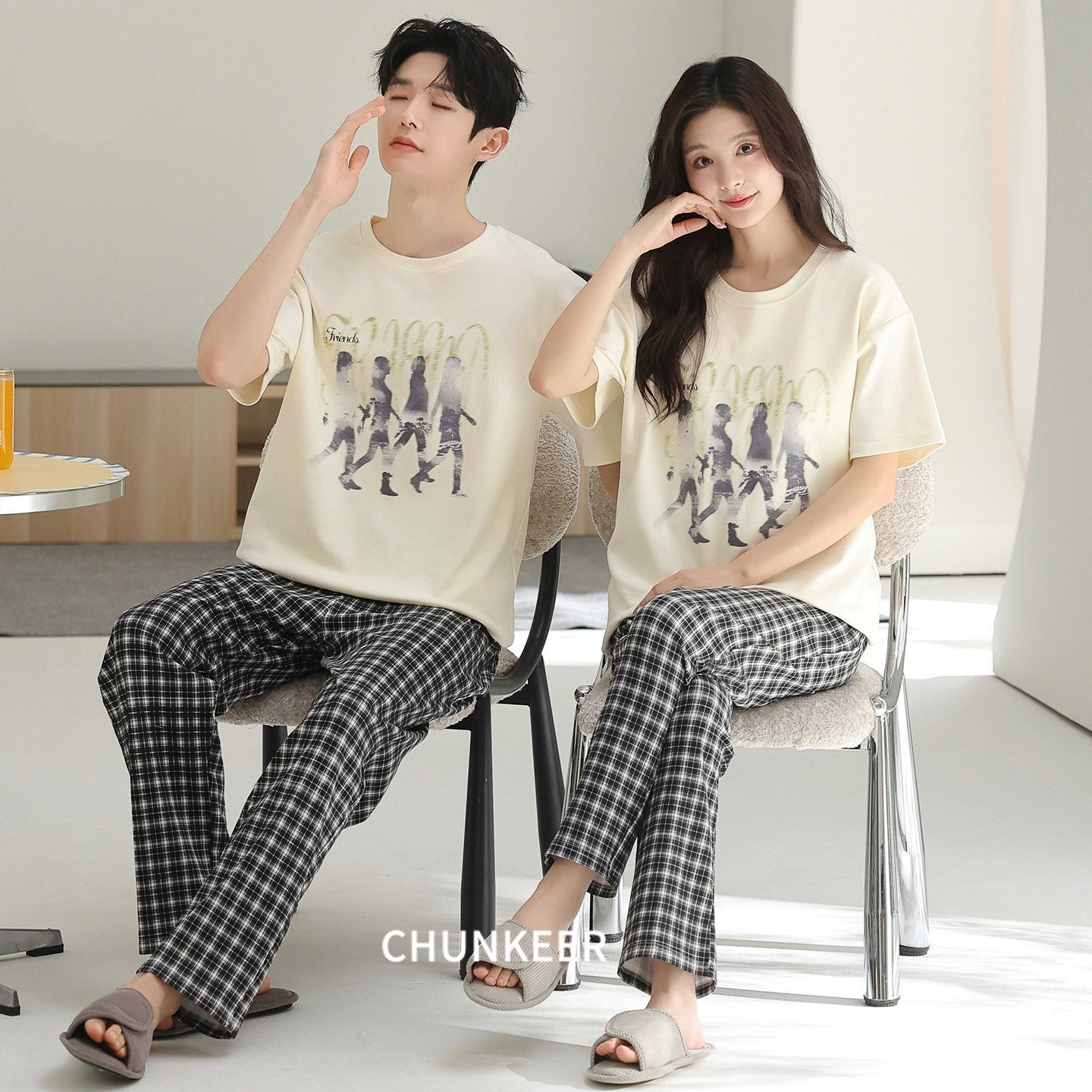 Casual Graphic & Plaid Cotton Couple Lounge Set