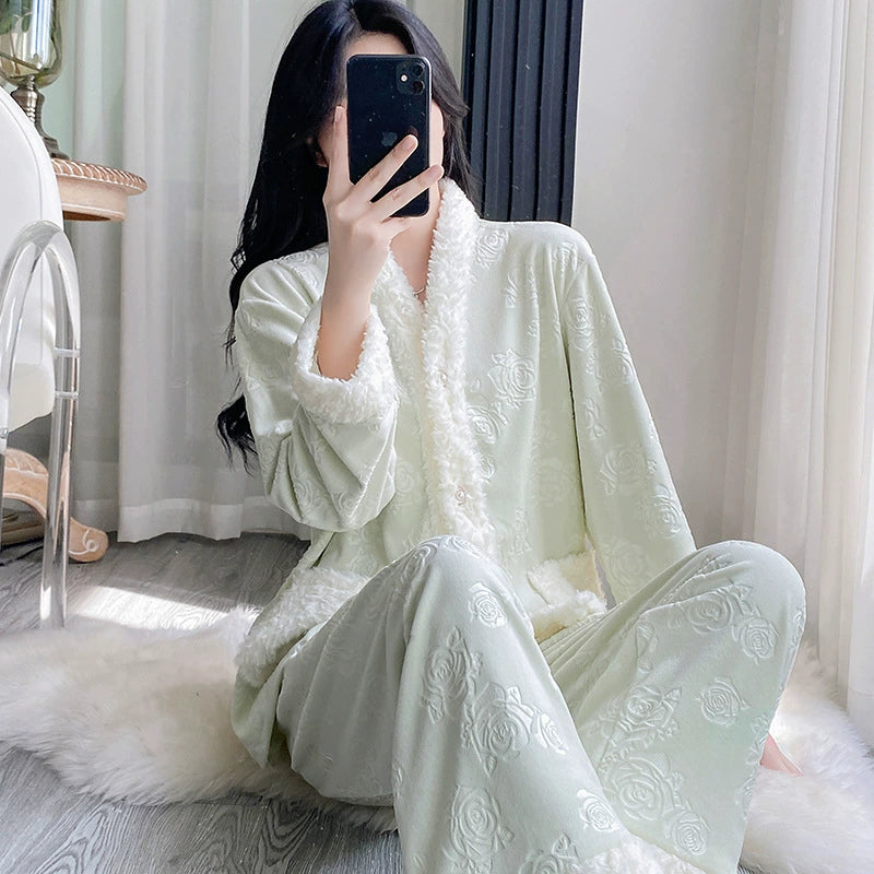 Women Pajamas Set – Luxury Embossed Rose Fleece Lounge Set