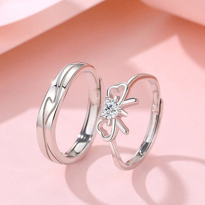 Sterling Silver Bow Couple Rings Set - Adjustable Size