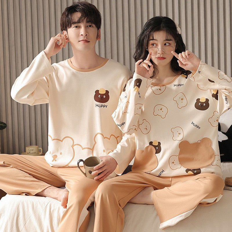 Cute Cream Bear Combed Cotton Couple Pajamas