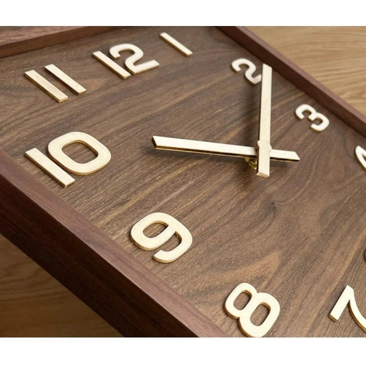 Retro Square Shaped Analog Wall Clock - Walnut Wood Made