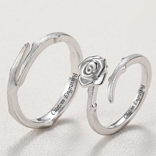 Matching Rose Rings Set for Couples - Solid Sterling Silver - Adjustable Size