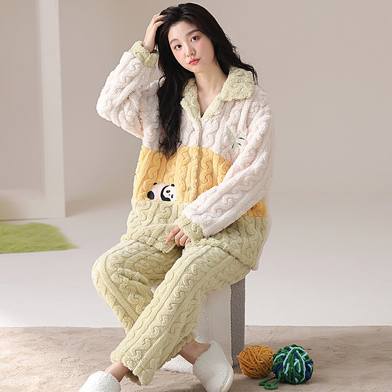 Women Pajamas Set – Cute Panda Color Block Coral Fleece Pajamas