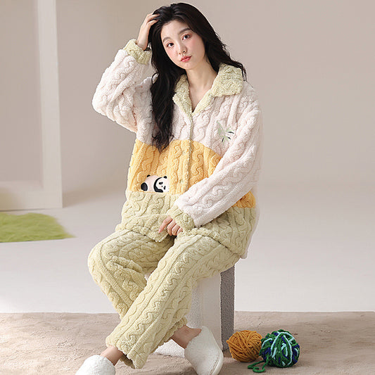 Women Pajamas Set – Cute Panda Color Block Coral Fleece Pajamas
