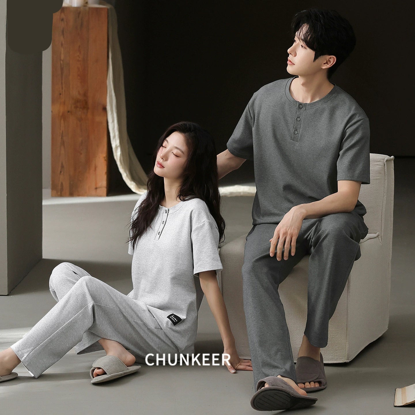 Minimalist Henley Cotton Couple Lounge Set