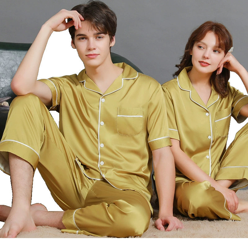 Minimalist Contrast Piping Satin Couple Pajamas