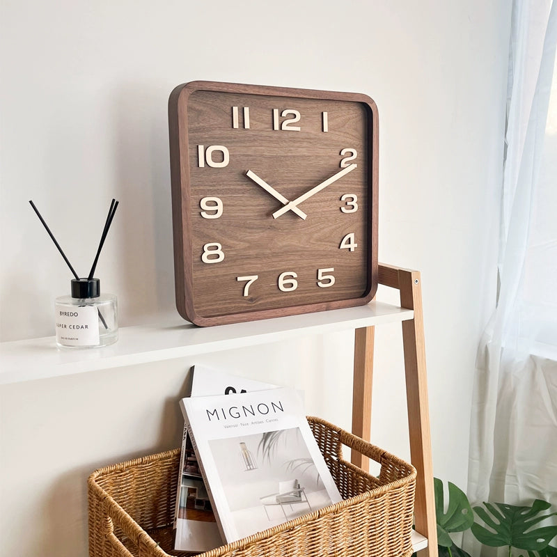 Retro Square Shaped Analog Wall Clock - Walnut Wood Made