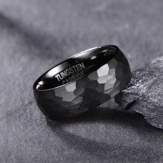 Engraved Hammered Mens Ring Black Tungsten 8mm