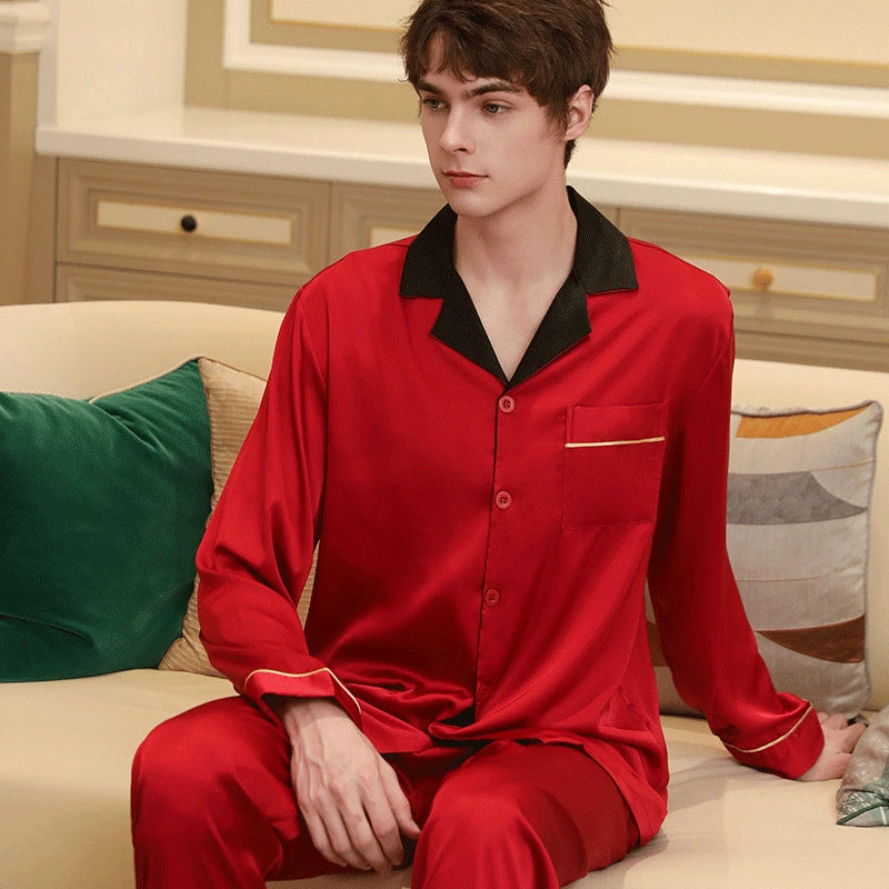 Romantic Contrast Trim Satin Couple Pajamas