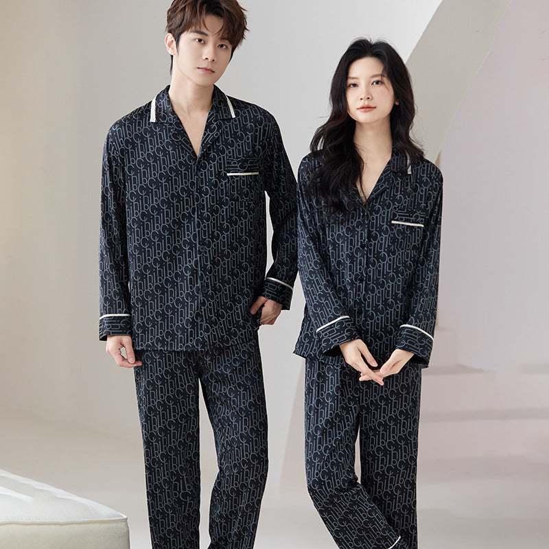 Luxury Monogram Faux Silk Couple Pajamas – Fashion-Forward Matching Sleepwear