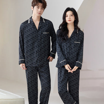 Luxury Monogram Faux Silk Couple Pajamas – Fashion-Forward Matching Sleepwear