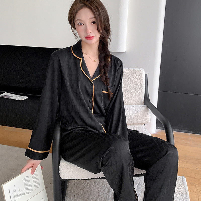 Matching Couple Pajamas – Geometric Jacquard Faux Silk Set with Gold Piping