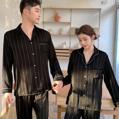 Urban Minimalist Faux Silk Couple Pajamas – Pinstripe Chic Sleepwear Set by Gullei