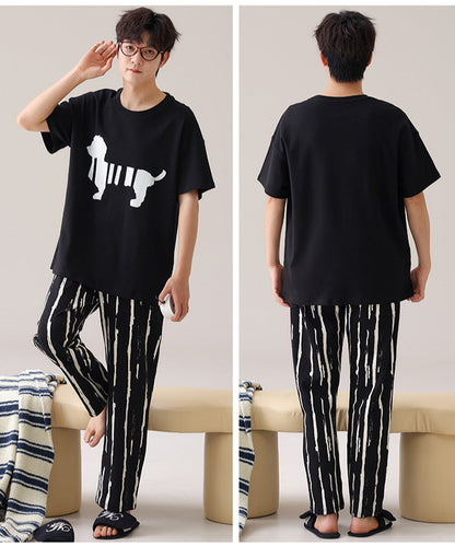 Cute Puppy Couple Pajamas - Cotton Short Sleeve Long Pants
