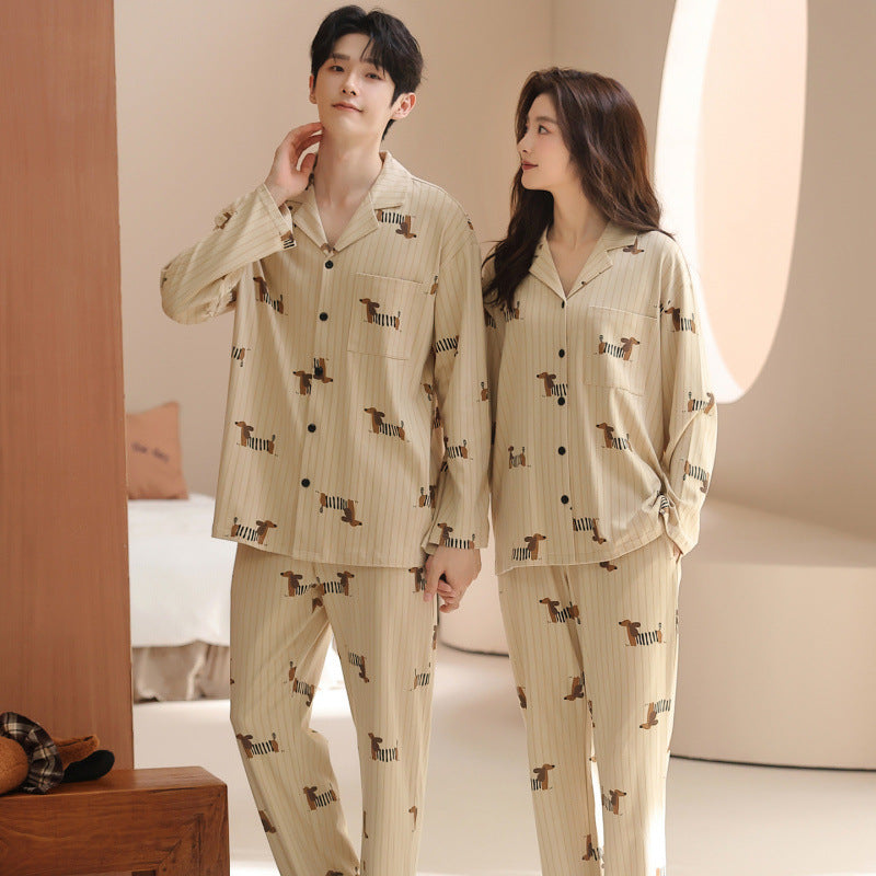 Matching Couple Pajamas Set – 100% Cotton Dachshund Print in French Cream