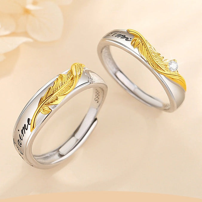 Matching Feather Couple Rings Set - Adjustable Size