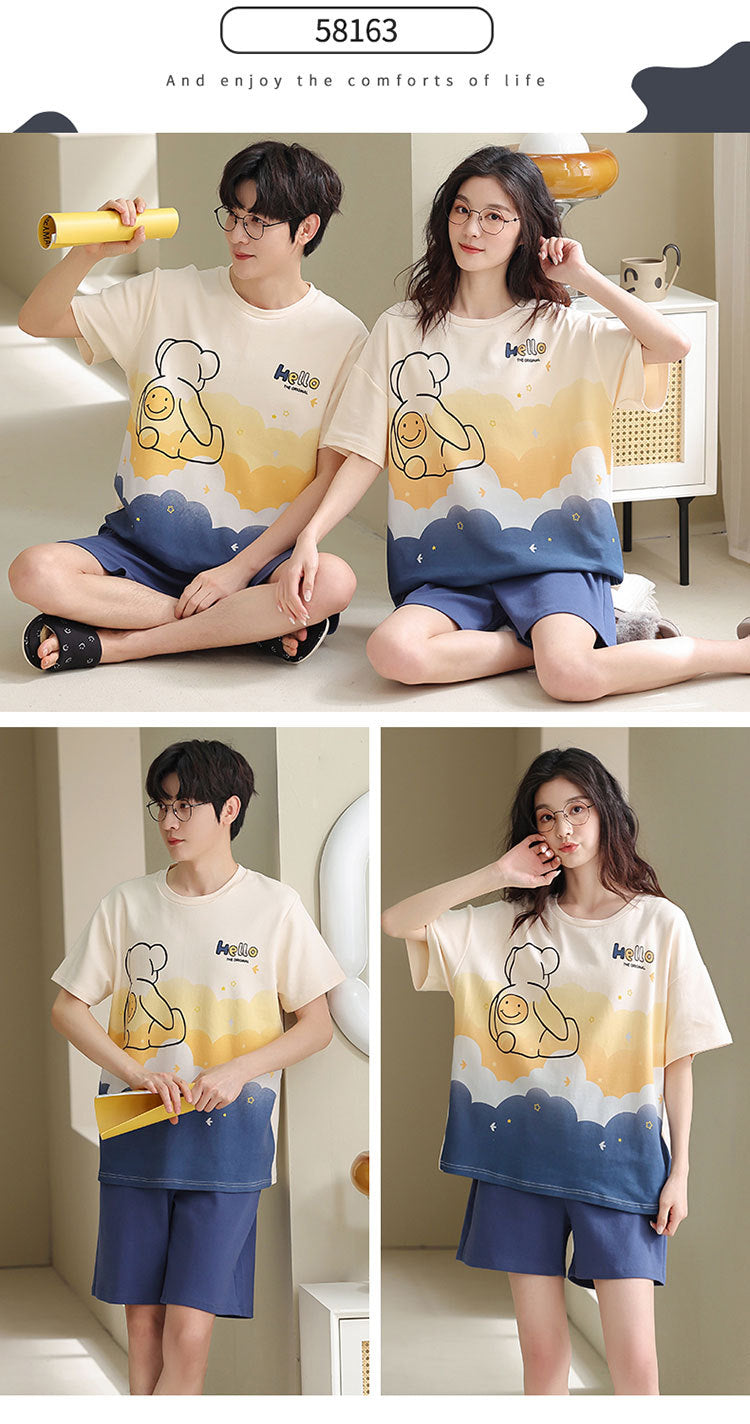 Matching Short Sleeves Shorts Sleepwear Set for Couples