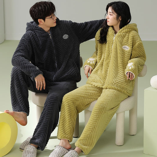 4-Piece Flannel Zipper Hoodie Pajamas for Couples