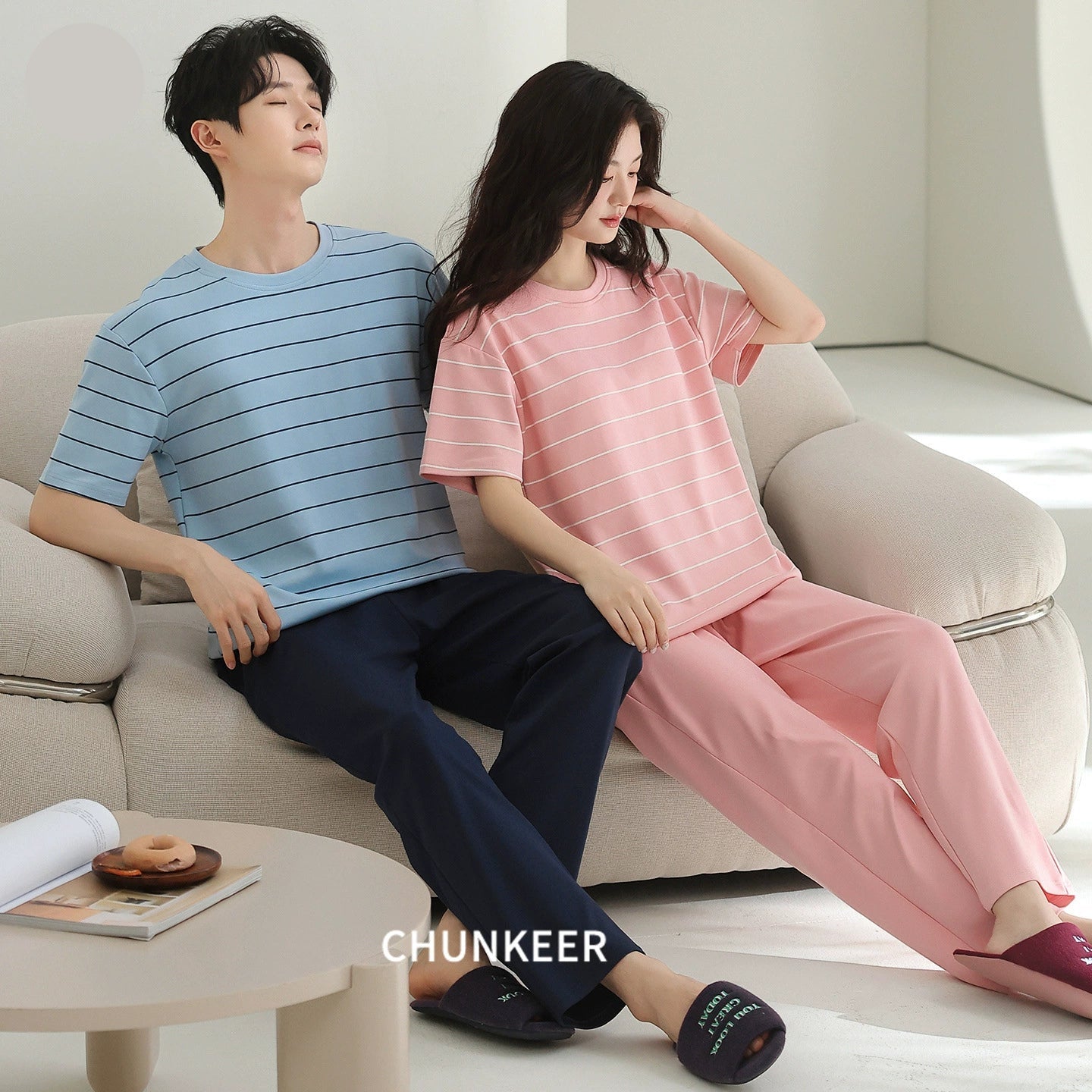 Sporty Striped Cotton Couple Lounge Set