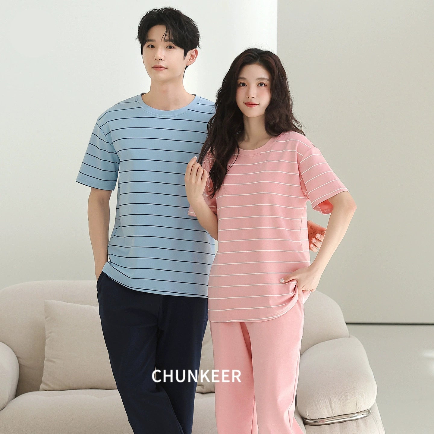 Sporty Striped Cotton Couple Lounge Set